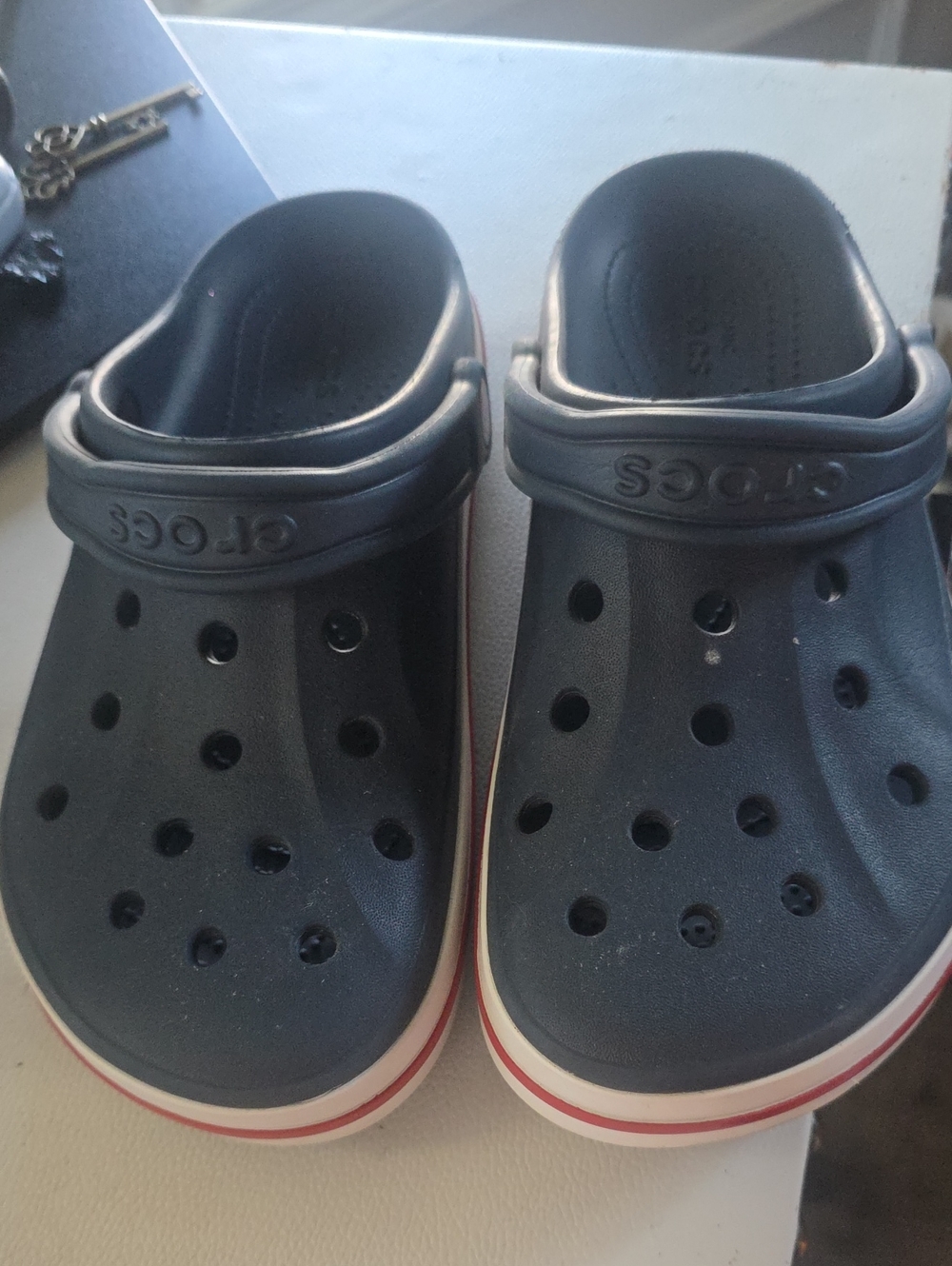 CROCS Kids Navy Clogs with Red and White Stripe